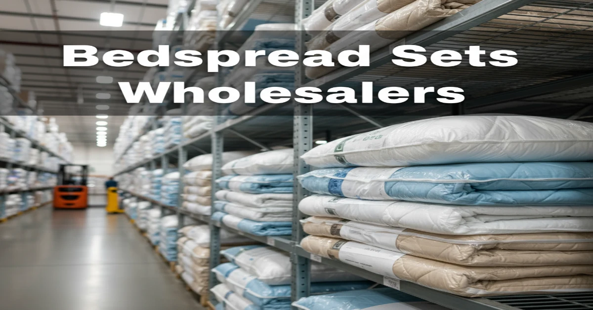 Bedspread sets wholesalers warehouse with stacked bulk bedding inventory on industrial shelves