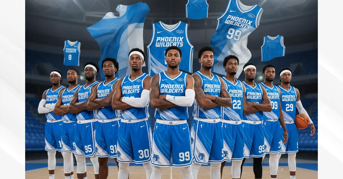 Custom basketball jersey team in blue and white uniforms with numbers and logos on indoor court