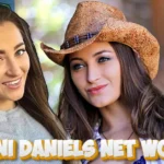 Dani Daniels in dual portraits wearing sunglasses and a cowboy hat, with bold text overlay reading 'Dani Daniels Net Worth' on a blurred outdoor background.