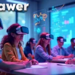 Edivawer platform in action showing students using VR headsets for immersive learning with holographic educational displays