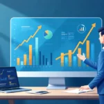 Professional business analyst reviewing financial management and accounting data on computer screen with upward trending charts and performance metrics