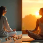 Woman transitioning from overmedication to mindful healing through meditation and wellness practices