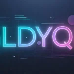 Futuristic neon gldyql text in cyan and purple gradient on dark digital background with grid lines and particles