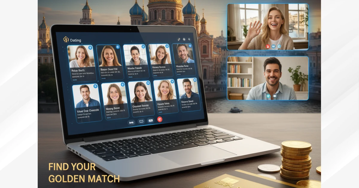 GoldenBride dating platform showing profiles of Slavic women with video chat and credit payment system