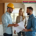Professional contractor discussing house renovation services with homeowners in kitchen