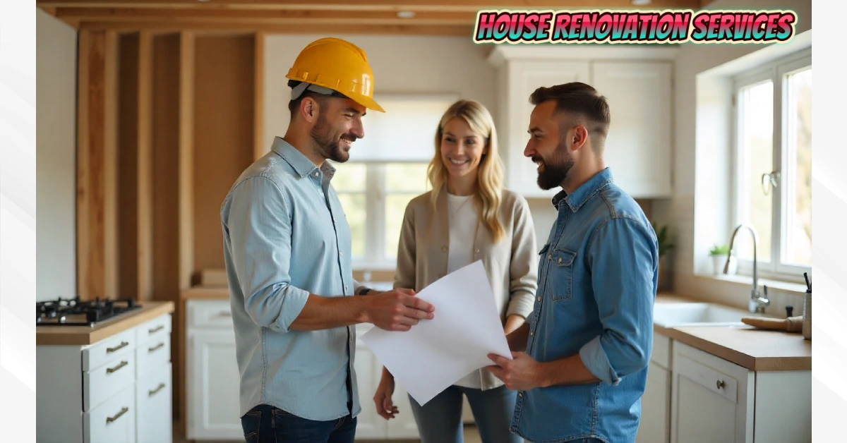 Professional contractor discussing house renovation services with homeowners in kitchen