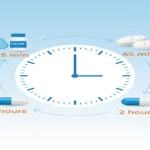 Tylenol onset time infographic showing clock with liquid at 15 minutes, tablets at 45 minutes, capsules at 1-2 hours timeline