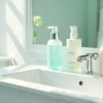 Improve your skin care products on clean bathroom counter with cleanser toner and moisturizer bottles