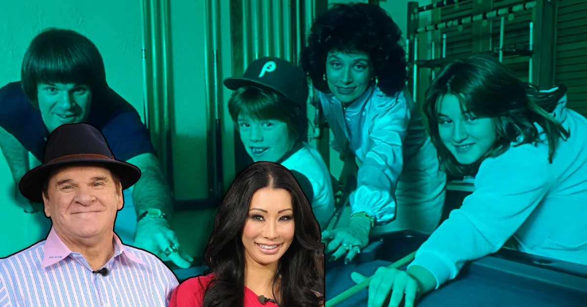 A vintage family photo featuring Karolyn Englehardt, Pete Rose, and two children playing pool, overlaid with a modern portrait of Pete Rose and a woman.