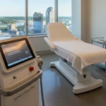 Laser hair removal Rochester NY treatment room with GentleMax Pro device and city skyline view