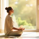Woman meditating by window practicing mindfulness for living an easy life with a strong mind