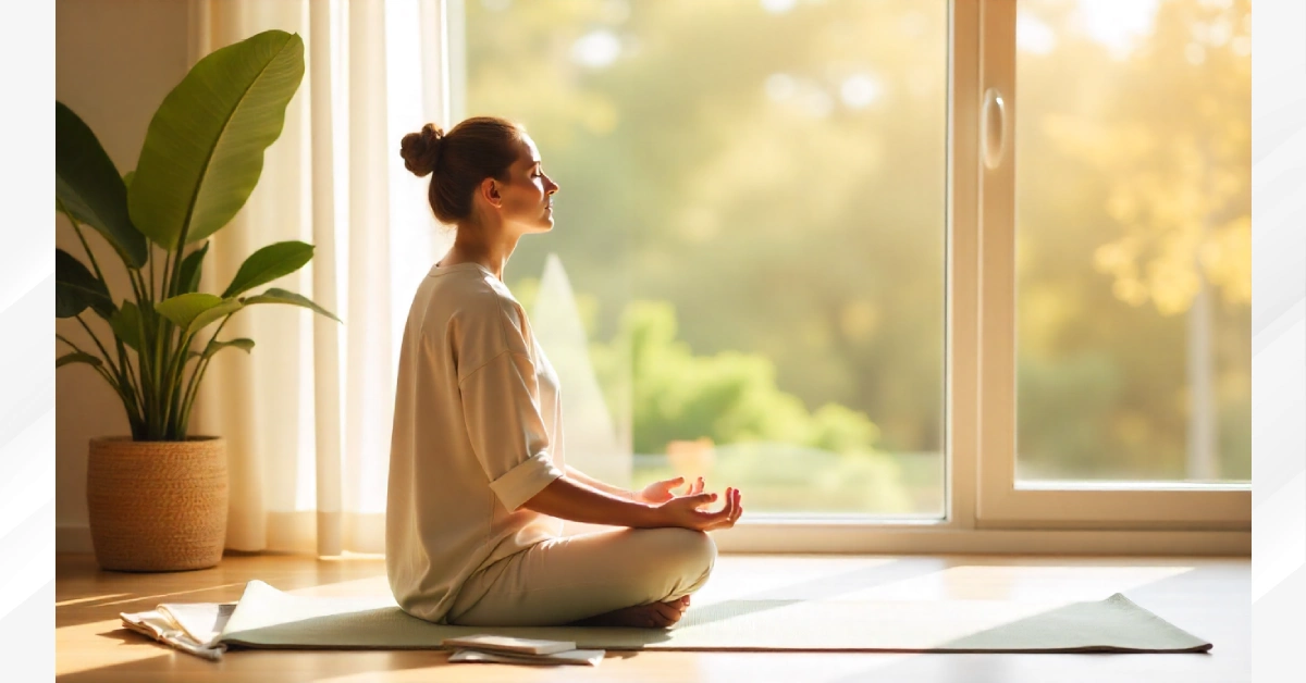 Woman meditating by window practicing mindfulness for living an easy life with a strong mind