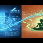 Lufanest concept visualization showing smart home technology with holographic interfaces on left and wellness meditation with health data on right