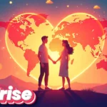Vibrant digital illustration of a diverse couple holding hands in front of a glowing heart-shaped world map at sunset, with floating chat bubbles and adventure icons, featuring the Luv Trise logo for romantic digital connections.