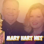 Mary Hart net worth: Entertainment Tonight host Mary Hart in elegant gown with husband Burt Sugarman in background