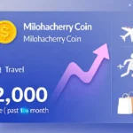 Milohacherry Coin digital wallet interface showing cryptocurrency token with travel, fitness, and shopping icons on blue gradient background with blockchain network nodes.