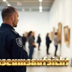Museum security guard in uniform monitoring art gallery with visitors viewing framed paintings during museumsaufsicht job duties
