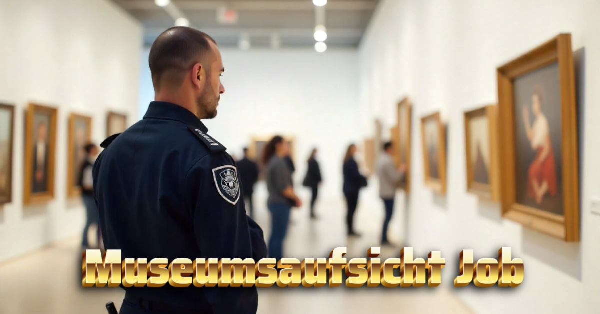 Museum security guard in uniform monitoring art gallery with visitors viewing framed paintings during museumsaufsicht job duties