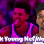 Nick Young in Warriors jersey with playful expression, purple backdrop, headline text reading Nick Young Net Worth.
