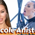 Nicole Aniston smiling with blonde hair beside a bold scene from her photoshoot, representing her confident and dynamic personality.