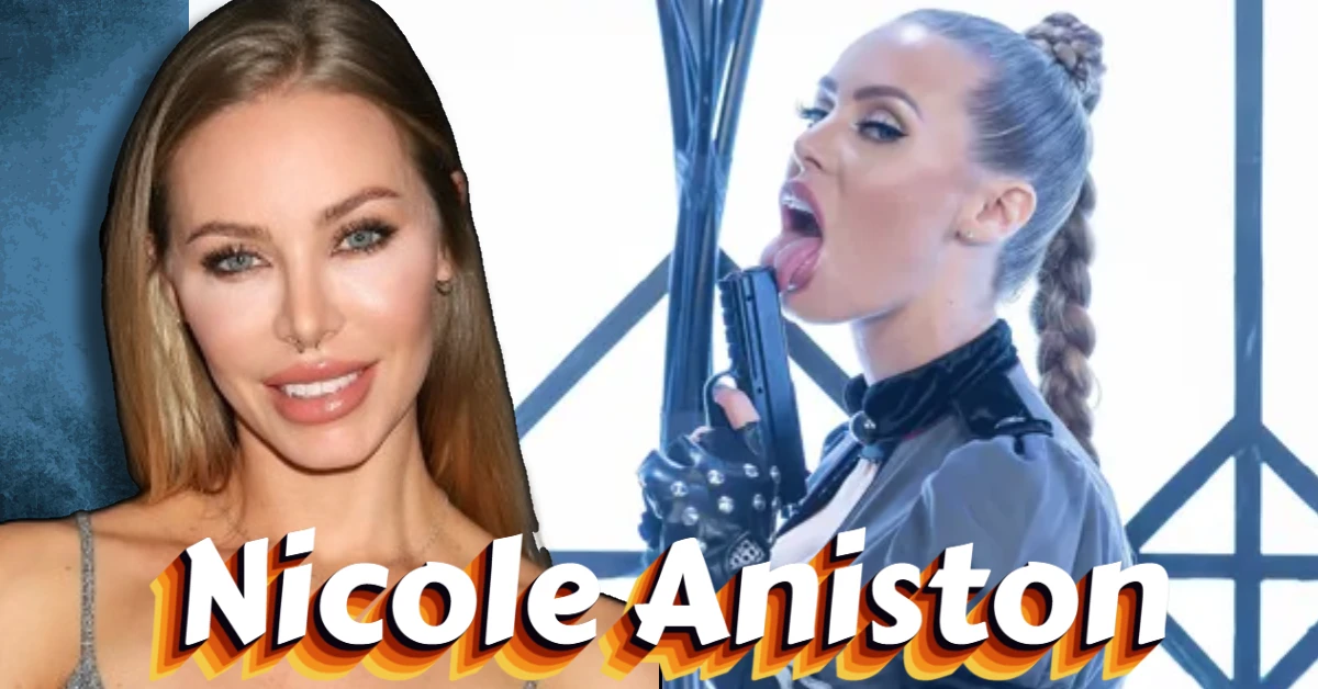 Nicole Aniston smiling with blonde hair beside a bold scene from her photoshoot, representing her confident and dynamic personality.