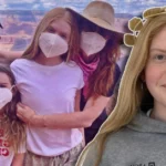 Oona Gray Seppala with family at Grand Canyon wearing masks during family vacation with parents Sarah Rafferty and Santtu Seppala and sister Iris
