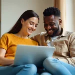 pregnancy tips for newly married couple planning together on laptop