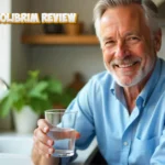 Mature man in his 50s smiling while holding glass of water in modern kitchen representing Prostavive Colibrim natural prostate health supplement user