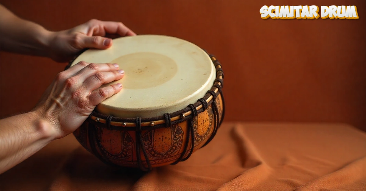 Hands playing scimitar drum with ornate decorative patterns on terracotta background showing proper finger technique