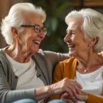 Two senior women laughing together on couch showing positive senior mental health and social connection