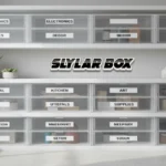 The Slylar Box modular storage system featuring stackable transparent containers with category labels for organized home spaces.