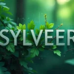 Sylveer name in silver letters with green leaves and digital tech patterns on forest background representing nature and technology fusion