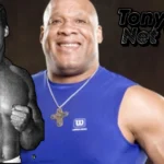 Tony Atlas Net Worth comparison showing young bodybuilder pose and current photo at age 71 in blue tank top