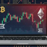 Trade 1000 Urex crypto trading platform review showing Bitcoin and Ethereum charts with warning indicators on laptop screen