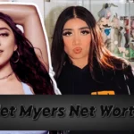 A stylized collage featuring two women with blurred faces, one posing with arms raised, and shelves of anime figures in the background. The text "Violet Myers Net Worth" appears prominently in the foreground.