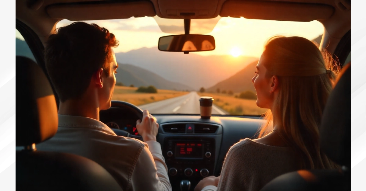 Weekend trips couple driving toward mountains during golden hour sunset with coffee