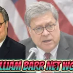 William Barr at press conference discussing net worth and career earnings as Attorney General