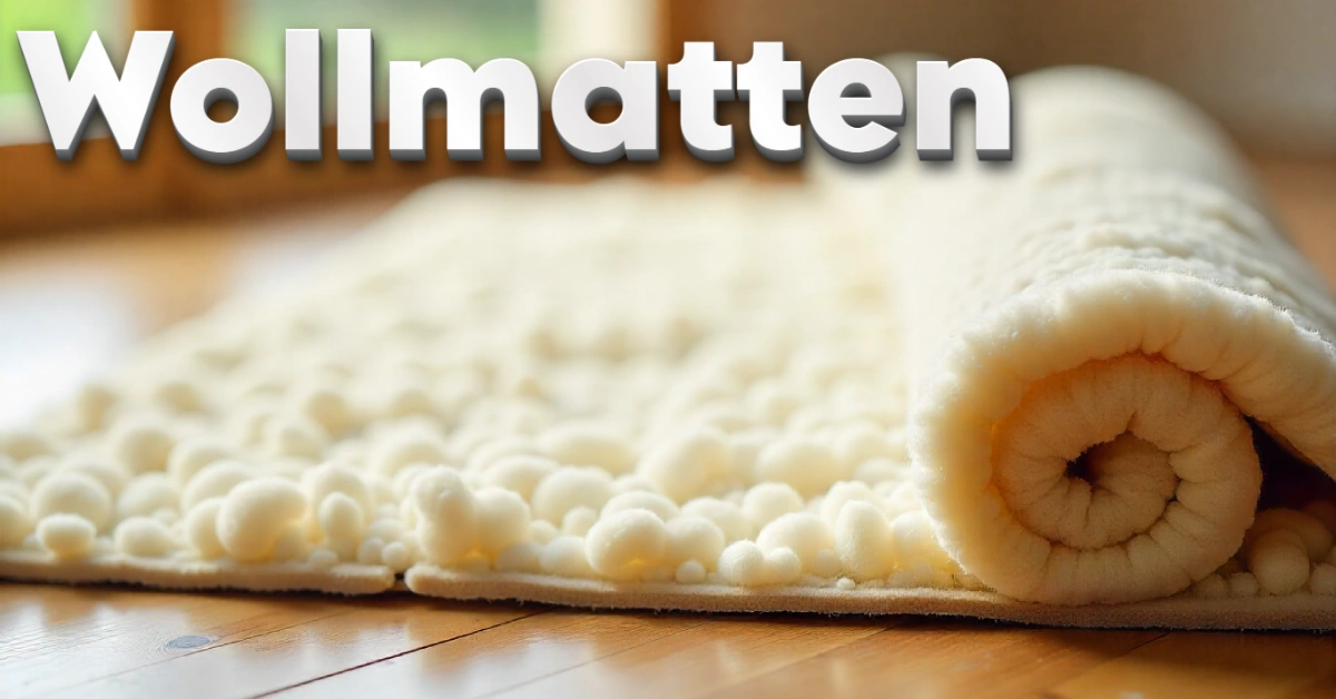 Wollmatten natural wool mat rolled on wooden floor showing textured fiber surface for home insulation and eco-friendly applications