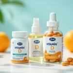 Boots vitamin d supplements in three formats - tablets, spray, and gummies with fresh oranges on turquoise background