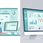 Dental practice management software dashboard showing patient records, revenue overview, appointment calendar, and treatment acceptance rates with two dental professionals reviewing analytics on computer screen