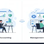 Split-screen illustration showing the difference between financial accounting and management accounting with professionals working at desks