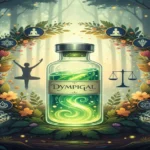 A glowing vial of Dympigal elixir with green and gold swirls, surrounded by ancient herbs and modern wellness icons in a mystical forest at dawn.