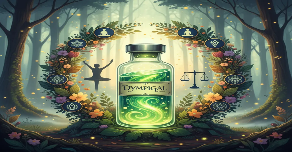 A glowing vial of Dympigal elixir with green and gold swirls, surrounded by ancient herbs and modern wellness icons in a mystical forest at dawn.