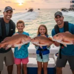 Family fishing thunderonthegulf charter boat with parents and children holding red snapper catches during Gulf Shores fishing trip