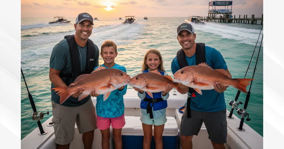 Family fishing thunderonthegulf charter boat with parents and children holding red snapper catches during Gulf Shores fishing trip