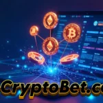 GoCryptoBet.com platform displaying Bitcoin and Ethereum coins with blockchain network connections on laptop screen