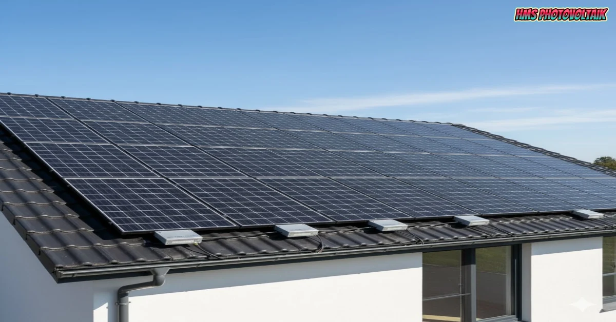 HMS Photovoltaik solar panels installed on modern residential roof with black tiles and clear blue sky