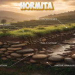 Hormita soil conservation structure showing compacted earth, field stones, native grasses, and water accumulation on terraced farmland during rainfall