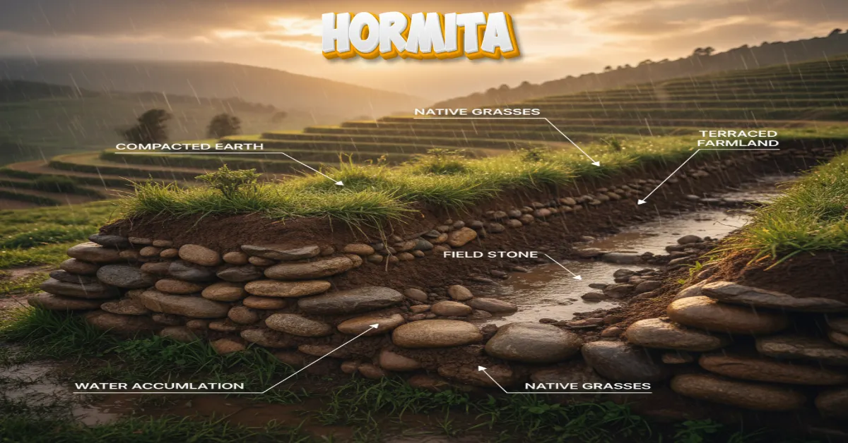 Hormita soil conservation structure showing compacted earth, field stones, native grasses, and water accumulation on terraced farmland during rainfall