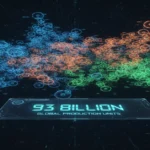 Futuristic data visualization showing how many wheels are in the world with 93 billion glowing wheel icons in blue, orange, and green clusters representing vehicles, toys, and industrial categories